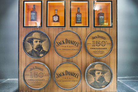 DUBAI, UAE - CIRCA JANUARY 2019: Jack Daniel's bottles on display at Dubai International Airport.