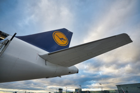 FRANKFURT AM MAIN, GERMANY - CIRCA JANUARY, 2020: the empennage of a Airbus A320-200 operated by Lufthansa as seen at Frankfurt am Main Airport.のeditorial素材