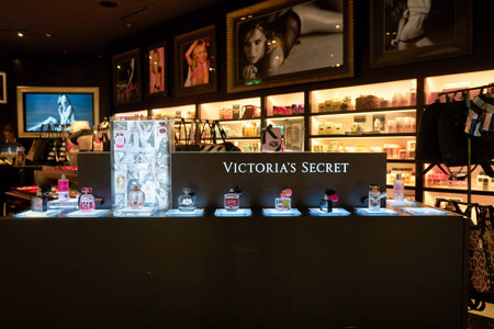 MUNICH, GERMANY - CIRCA JANUARY, 2020: perfumes on display at Victoria's Secret store in Munich Airport.のeditorial素材