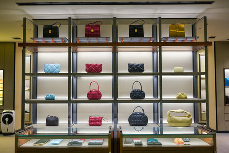 BANGKOK, THAILAND - CIRCA JANUARY, 2020: bags on display at Bottega Veneta store in Suvarnabhumi Airport.のeditorial素材