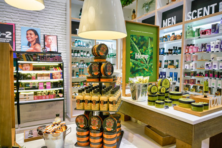 BERLIN, GERMANY - CIRCA SEPTEMBER, 2019: personal care products on display at The Body Shop in Mall of Berlin. The Body Shop is a cosmetics, skin care and perfume company.のeditorial素材