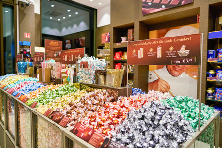 BERLIN, GERMANY - CIRCA SEPTEMBER, 2019: interior shot at Lindt store in Mall of Berlin. Lindt is a Swiss chocolatier and confectionery company.のeditorial素材