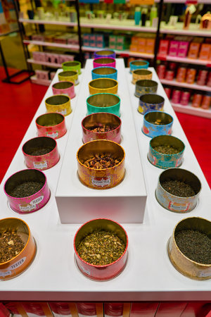 BERLIN, GERMANY - CIRCA SEPTEMBER, 2019: various teas on display at Kusmi Tea store in Mall of Berlin. Kusmi Tea is a brand of tea, headquartered in Paris, France.のeditorial素材