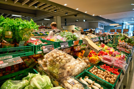 BERLIN, GERMANY - CIRCA SEPTEMBER, 2019: interior shot of EDEKA Sapphire supermarket in Berlin.のeditorial素材