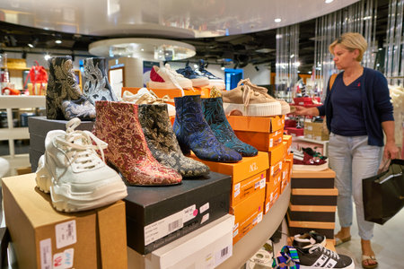 BERLIN, GERMANY - CIRCA SEPTEMBER, 2019: footwear on display at Galeries Lafayette in Berlin.のeditorial素材