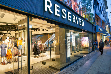 BERLIN, GERMANY - CIRCA SEPTEMBER, 2019: street level view of Reserved storefront in Berlin. Reserved is a Polish clothing store chain.のeditorial素材