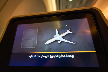 BANGKOK, THAILAND - CIRCA JANUARY, 2020: close up shot of seat back screen on board of Etihad Airways Boeing 787 Dreamliner.のeditorial素材