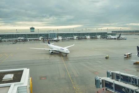 MUNICH, GERMANY - CIRCA JANUARY, 2020: view from Observation Deck, Terminal 2 at Munich Airport in the daytime.のeditorial素材