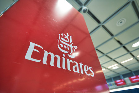 MUNICH, GERMANY - CIRCA JANUARY, 2020: close up shot of Emirates sign seen at check-in area at...
