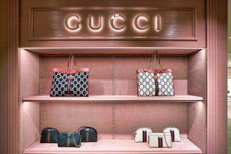 BERLIN, GERMANY - CIRCA SEPTEMBER, 2019: Gucci bags on display at the Kaufhaus des Westens (KaDeWe) department store in Berlin.のeditorial素材