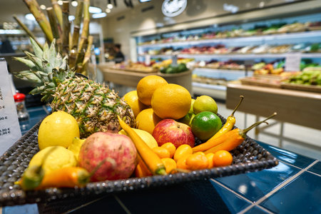 BERLIN, GERMANY - CIRCA SEPTEMBER, 2019: fruits on display at SanLucar at Kaufhaus des Westens (KaDeWe) department store in Berlin.のeditorial素材