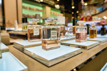 BERLIN, GERMANY - CIRCA SEPTEMBER, 2019: range of Chanel perfumes as seen at the Kaufhaus des Westens (KaDeWe) department store in Berlin.のeditorial素材