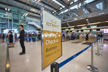 BANGKOK, THAILAND - CIRCA JANUARY, 2020: close up shot of Etihad Airways Priority Check-in sigh seen at Suvarnabhumi Airport.のeditorial素材