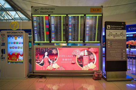 BANGKOK, THAILAND - CIRCA JANUARY, 2020: flight schedule monitors seen at Suvarnabhumi Airport.のeditorial素材