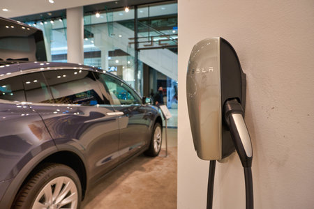 BERLIN, GERMANY - CIRCA SEPTEMBER, 2019: interior shot of Tesla showroom in Mall of Berlin.のeditorial素材