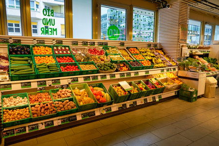 BERLIN, GERMANY - CIRCA SEPTEMBER, 2019: interior shot of Bio Company supermarket in Berlin. Bio Company is one of the largest regional organic supermarket chains in Germany.のeditorial素材