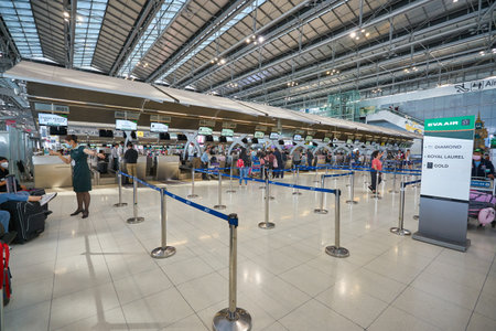 BANGKOK, THAILAND - CIRCA JANUARY, 2020: check-in area at Suvarnabhumi Airport.のeditorial素材