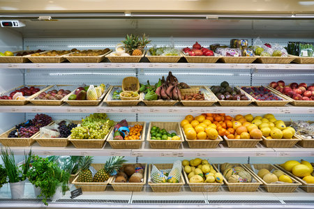 BERLIN, GERMANY - CIRCA SEPTEMBER, 2019: fruits and vegetables on display at SanLucar at Kaufhaus des Westens (KaDeWe) department store in Berlin.のeditorial素材