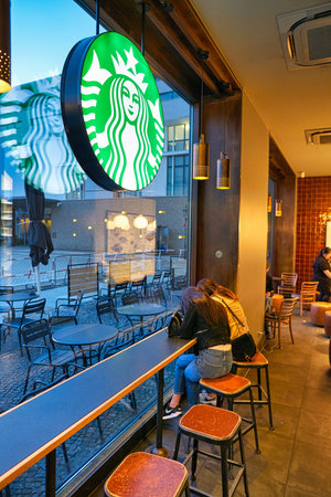 BERLIN, GERMANY - CIRCA SEPTEMBER, 2019: interior shot of Starbucks in Berlin.のeditorial素材