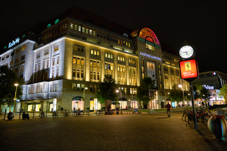 BERLIN, GERMANY - CIRCA SEPTEMBER, 2019: street level view of Kaufhaus des Westens (KaDeWe) in Berlin at night.のeditorial素材