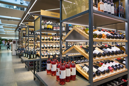 BERLIN, GERMANY - CIRCA SEPTEMBER, 2019: wines on display at the Kaufhaus des Westens (KaDeWe) department store in Berlin.のeditorial素材