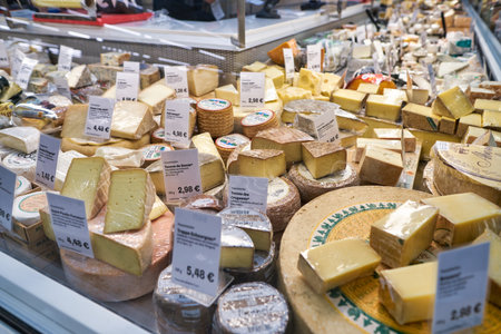 BERLIN, GERMANY - CIRCA SEPTEMBER, 2019: cheese on display at the Kaufhaus des Westens (KaDeWe) department store in Berlin.のeditorial素材