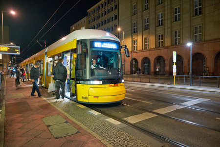 BERLIN, GERMANY - CIRCA SEPTEMBER, 2019: Bombardier Flexity Berlin seen in the nighttime. It is a tram type constructed for the Berlin tramway network.のeditorial素材