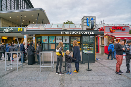 BERLIN, GERMANY - CIRCA SEPTEMBER, 2019: Starbucks Coffee kiosk seen in Berlin.のeditorial素材