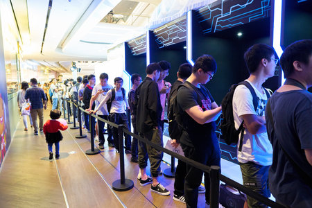SHENZHEN, CHINA - CIRCA APRIL, 2019: people in line at Sony Expo 2019 in Shenzhen, China.のeditorial素材