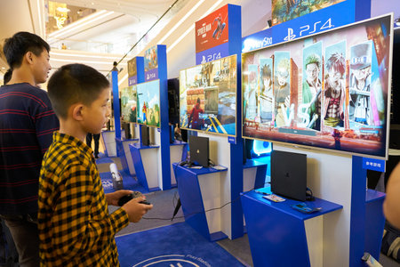SHENZHEN, CHINA - CIRCA APRIL, 2019: visitors play games at Sony Expo 2019 in Shenzhen, China.