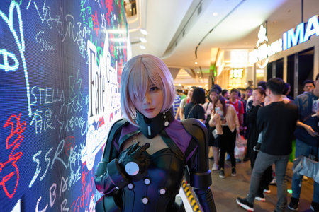 SHENZHEN, CHINA - APRIL 20, 2019: cosplay of the Fate/Grand Order Shielder character at Sony Expo...