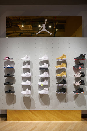 SHENZHEN, CHINA - CIRCA APRIL, 2019: footwears on display at Nike store at UpperHills in Shenzhen.のeditorial素材