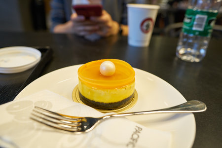 SHENZHEN, CHINA - CIRCA APRIL, 2019: dessert served on plate in Pacific Coffee at UpperHills in...