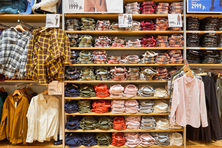 MOSCOW, RUSSIA - SEPTEMBER 14, 2019: interior shot of Uniqlo store at Salaris shopping mall in...