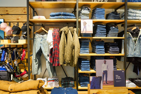 MOSCOW, RUSSIA - SEPTEMBER 14, 2019: interior shot of Levi's store at Salaris shopping mall in Moscow.のeditorial素材