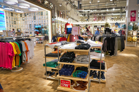 MOSCOW, RUSSIA - SEPTEMBER 14, 2019: interior shot of a Pull&Bear store at Salaris shopping mall in Moscow. Pull&Bear is a Spanish clothing and accessories retailer.のeditorial素材