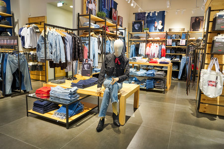 MOSCOW, RUSSIA - SEPTEMBER 14, 2019: interior shot of Levi's store at Salaris shopping mall in Moscow.のeditorial素材