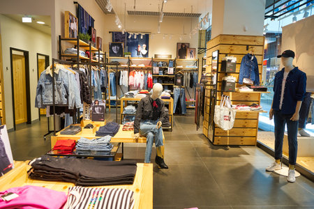 MOSCOW, RUSSIA - SEPTEMBER 14, 2019: interior shot of Levi's store at Salaris shopping mall in Moscow.のeditorial素材