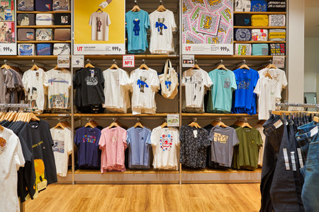 MOSCOW, RUSSIA - SEPTEMBER 14, 2019: interior shot of Uniqlo store at Salaris shopping mall in Moscow.のeditorial素材