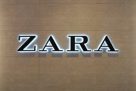 SHENZHEN, CHINA - CIRCA APRIL, 2019: close up shot of Zara sign as seen at UpperHills in Shenzhen.のeditorial素材