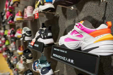 SHENZHEN, CHINA - CIRCA APRIL, 2019: footwears on display at Nike store at UpperHills in Shenzhen.のeditorial素材