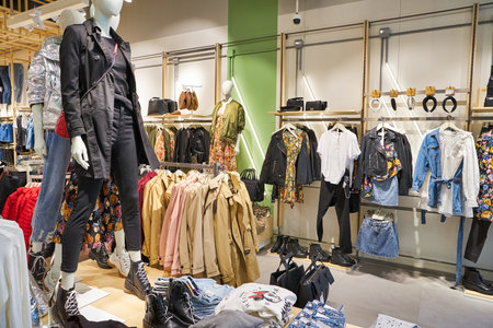MOSCOW, RUSSIA - SEPTEMBER 14, 2019: interior shot of Stradivarius store at Salaris shopping mall in...