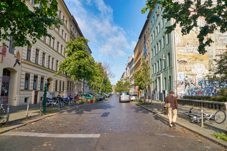 BERLIN, GERMANY - CIRCA SEPTEMBER, 2019: street level view of a road in Berlin in the daytime.のeditorial素材