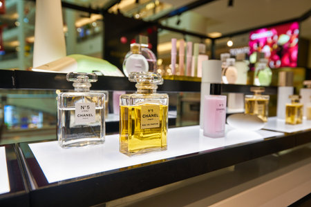 KUALA LUMPUR, MALAYSIA - CIRCA JANUARY, 2020: close up shot of Chanel fragrances on display at Suria KLCC shopping mall in Kuala Lumpur.のeditorial素材