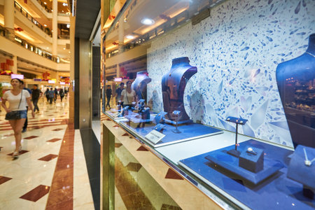 KUALA LUMPUR, MALAYSIA - CIRCA JANUARY, 2020: various examples of jewelry on display at Suria KLCC shopping mall in Kuala Lumpur.のeditorial素材