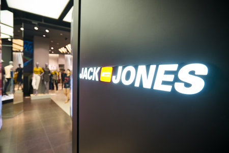 KUALA LUMPUR, MALAYSIA - CIRCA JANUARY, 2020: close up shot of Jack & Jones sign logo at store entrance in Suria KLCC shopping mall in Kuala Lumpur.のeditorial素材