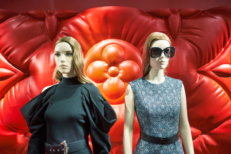 KUALA LUMPUR, MALAYSIA - CIRCA JANUARY, 2020: dresses on display at Louis Vuitton store in Suria KLCC shopping mall in Kuala Lumpur.のeditorial素材