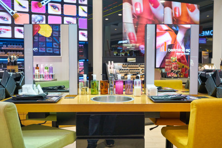 KUALA LUMPUR, MALAYSIA - CIRCA JANUARY, 2020: Shu Uemura personal care products on display at a store in Suria KLCC shopping mall in Kuala Lumpur.のeditorial素材