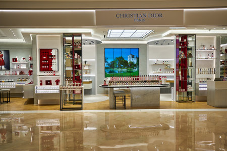 KUALA LUMPUR, MALAYSIA - CIRCA JANUARY, 2020: bottles of Dior fragrance sit on display at a store in Suria KLCC shopping mall in Kuala Lumpur.のeditorial素材