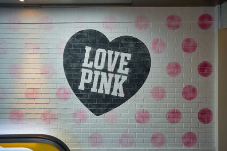 SINGAPORE - JANUARY 19, 2020: close up shot of Love Pink sign seen at Victoria's Secret store in Singapore.のeditorial素材